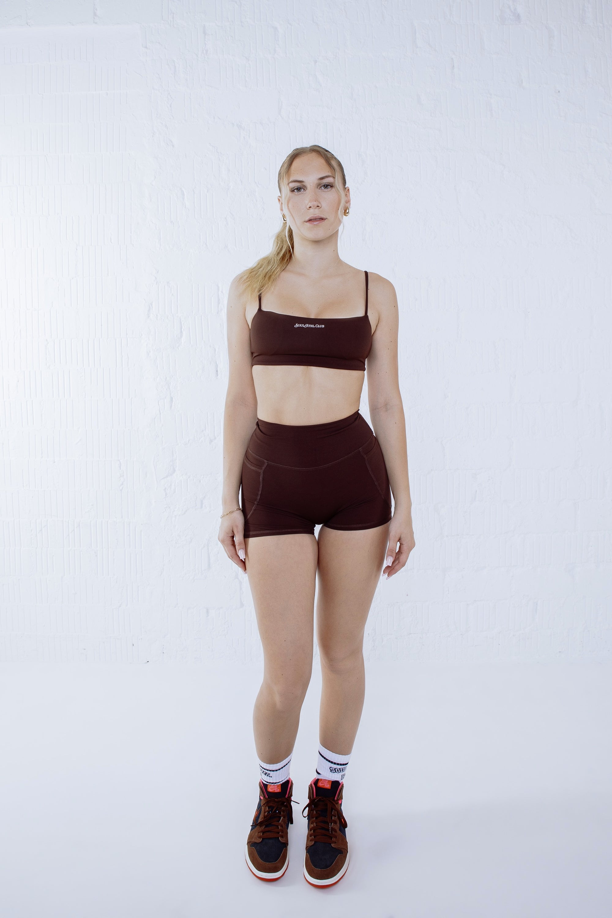 Soul Ova Gold Women's Shorts Soul Flow Shorts – Chocolate – High-Waisted Athletic Shorts with Pockets Soul Flow Shorts – Chocolate – High-Waisted Athletic Shorts with Pockets